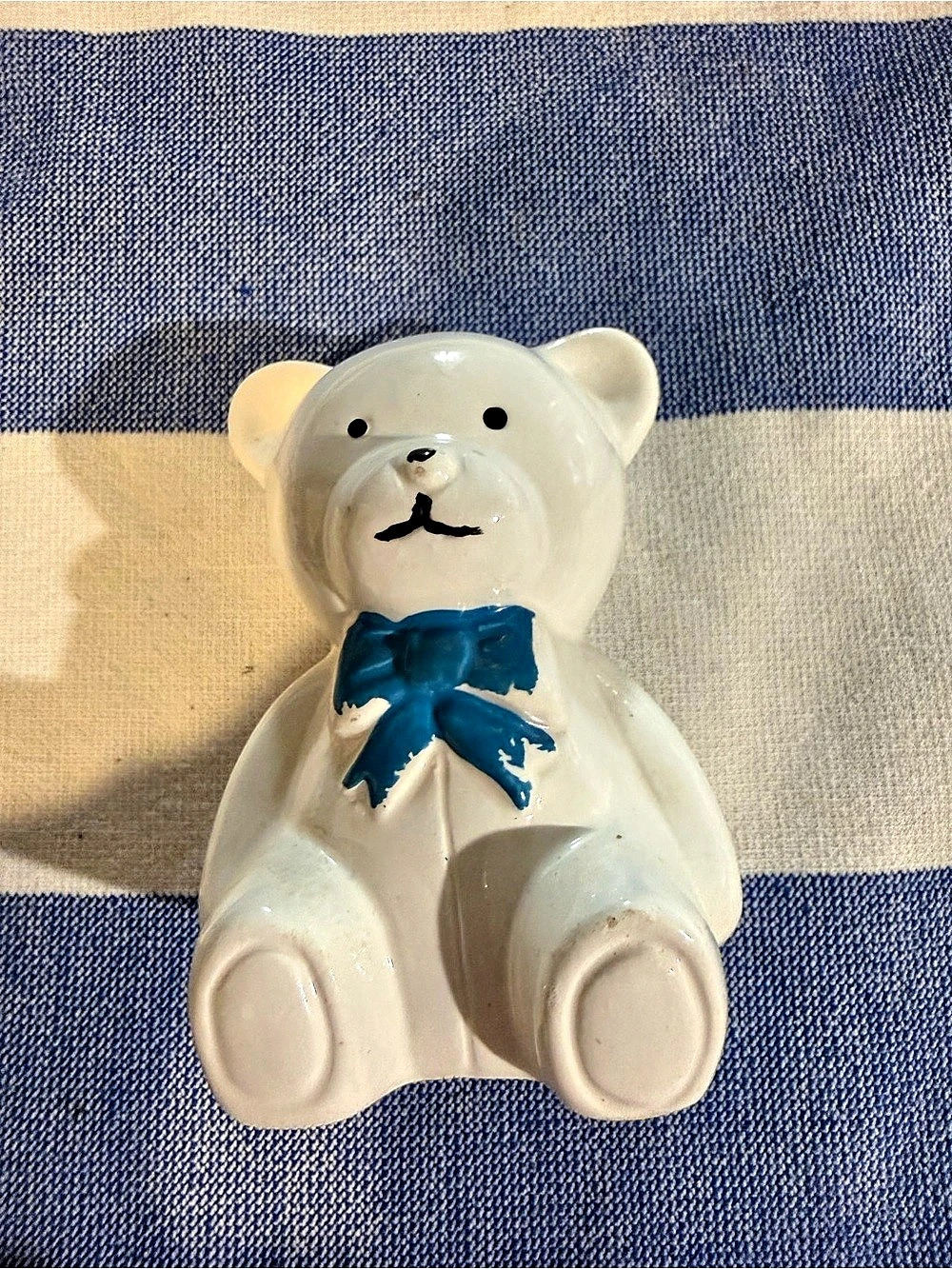 Vintage White Ceramic Bear Figurine with Blue Bow